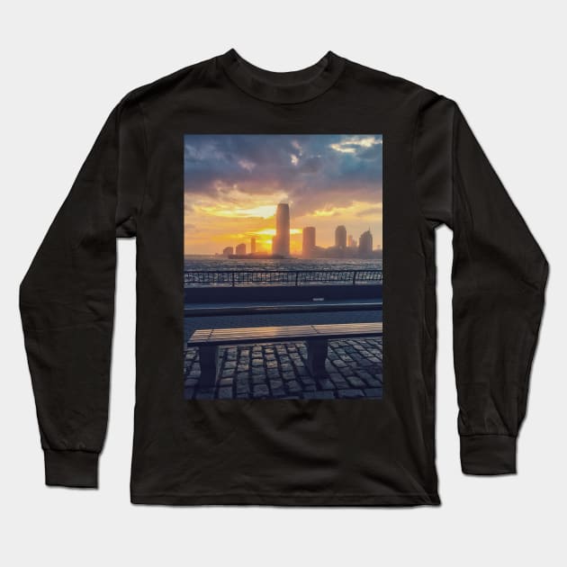 Sunset Skyline Street Lamp Bench Battery Park New York City Long Sleeve T-Shirt by eleonoraingrid